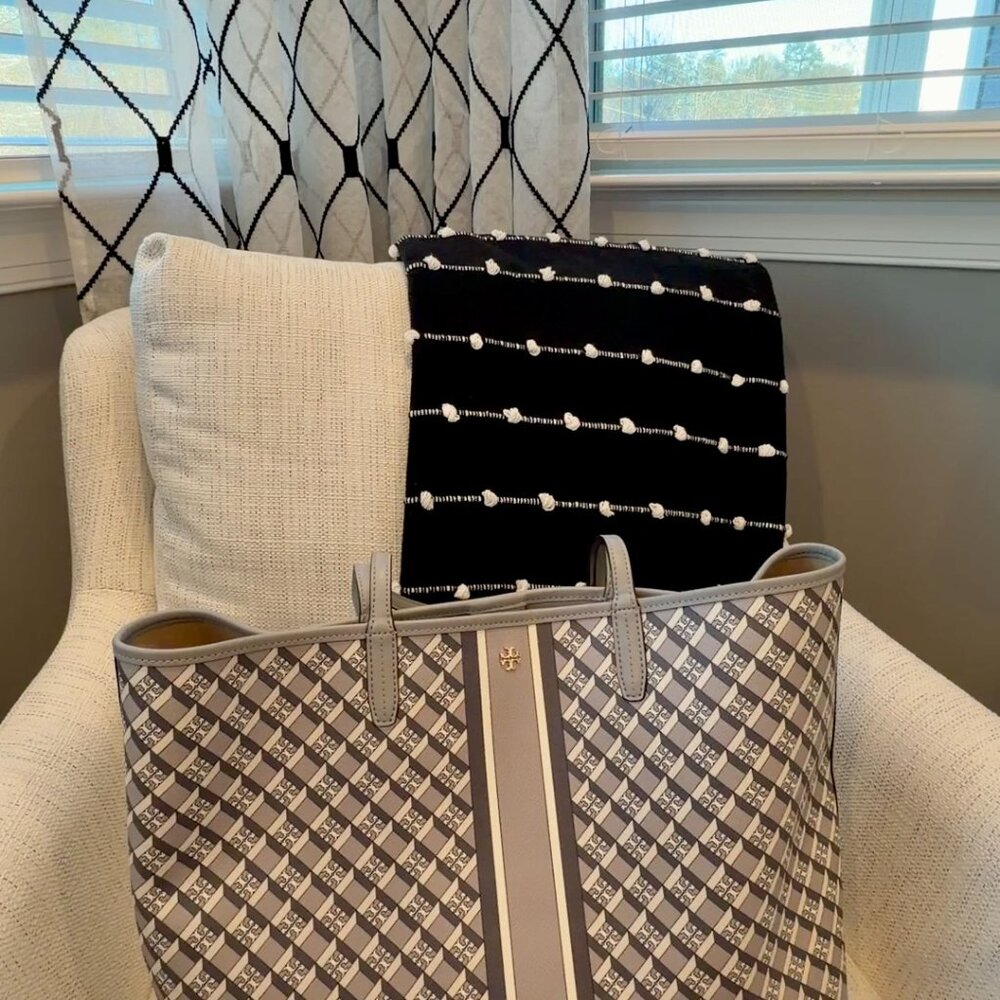Tory Burch Gray Patterned Canvas Tote with Center Stripe - Picture 12 of 16